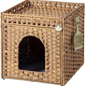 Cat Litter Box Enclosure Furniture, Hidden Litter Box with Mat and Fence
